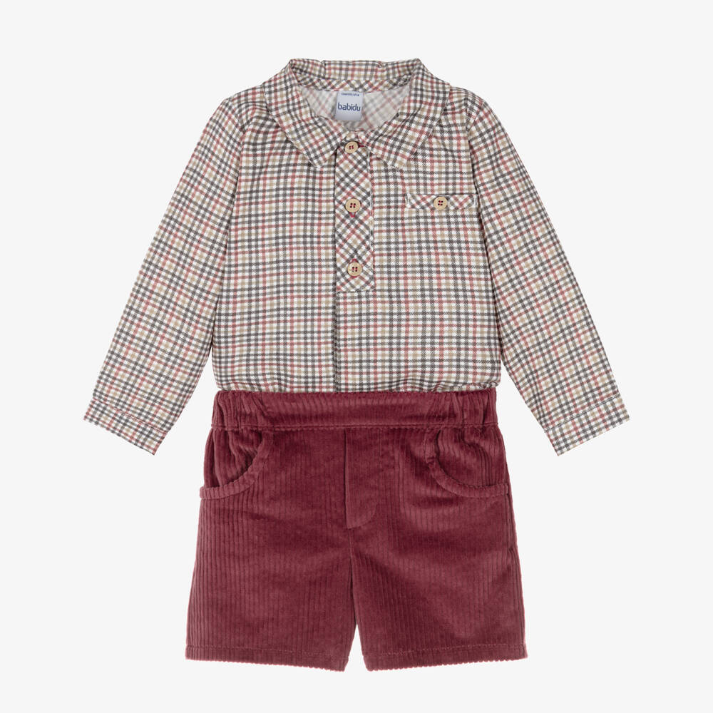 Babidu-Boys Check & Burgundy Corduroy Shorts Set | Childrensalon