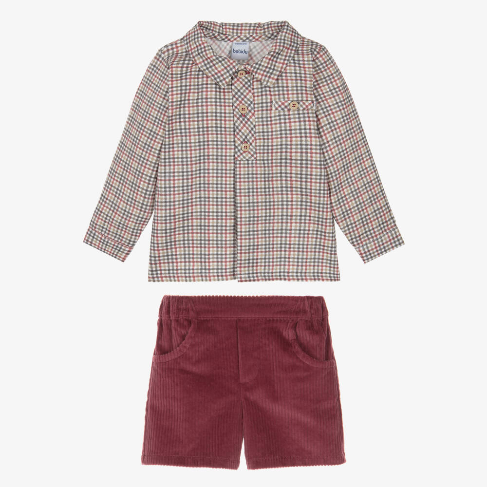 Babidu-Boys Check & Burgundy Corduroy Shorts Set | Childrensalon