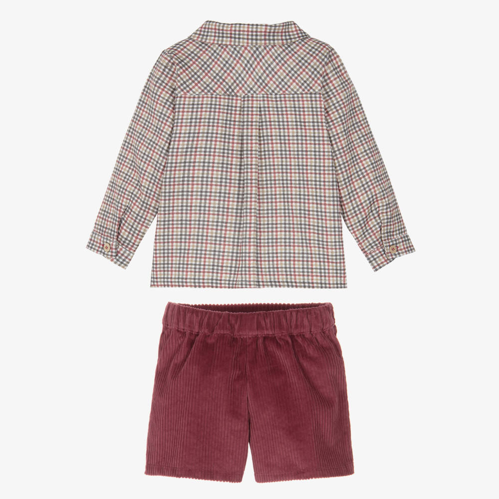 Babidu-Boys Check & Burgundy Corduroy Shorts Set | Childrensalon