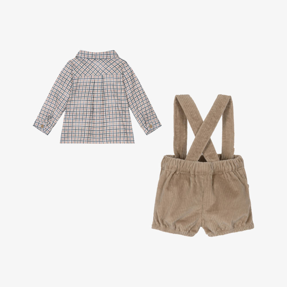 Babidu-Boys Checked Shirt & Beige Corduroy Shorts Set | Childrensalon