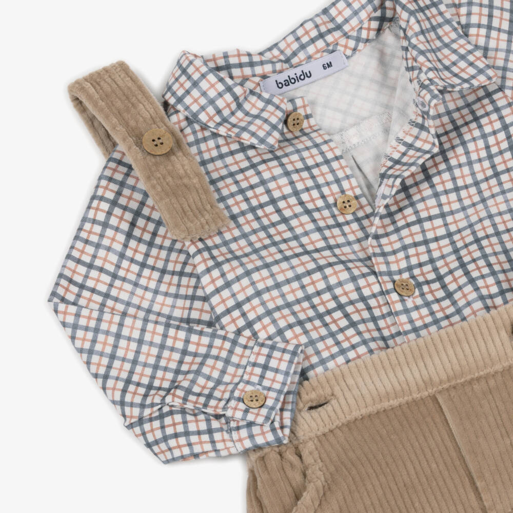 Babidu-Boys Checked Shirt & Beige Corduroy Shorts Set | Childrensalon