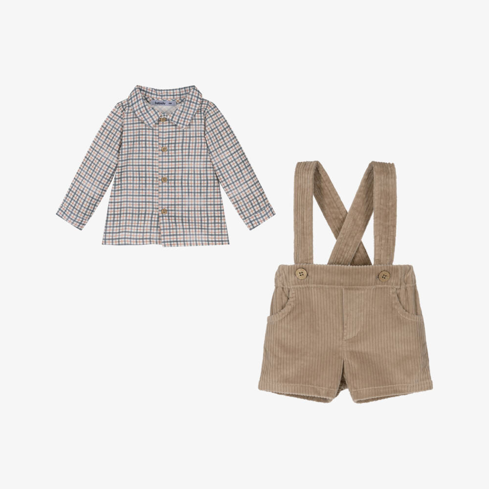 Babidu-Boys Checked Shirt & Beige Corduroy Shorts Set | Childrensalon