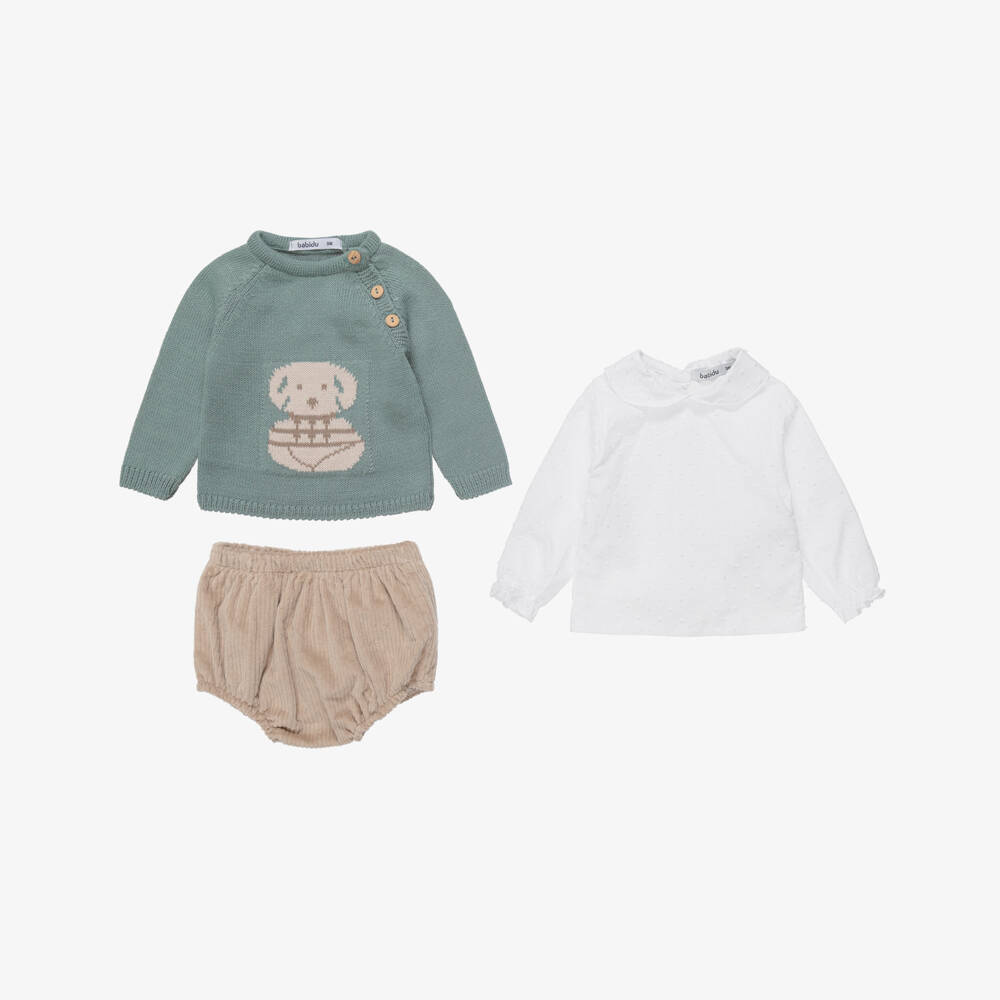 Babidu-Boys Green & Brown Corduroy Shorts Set With Dog Motif | Childrensalon