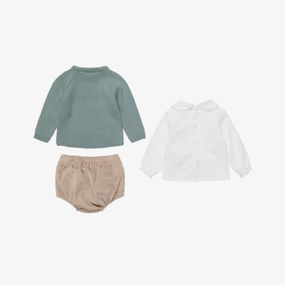 Babidu-Boys Green & Brown Corduroy Shorts Set With Dog Motif | Childrensalon