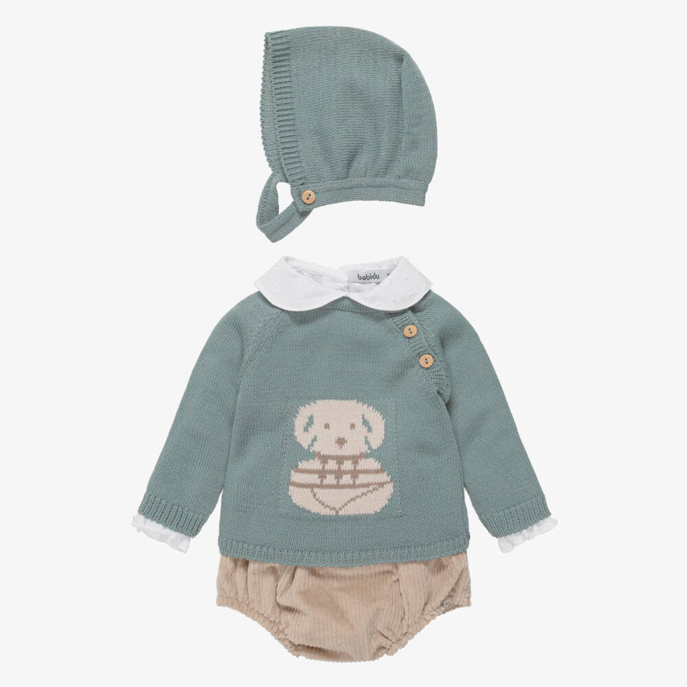 Babidu-Boys Green & Brown Corduroy Shorts Set With Dog Motif | Childrensalon