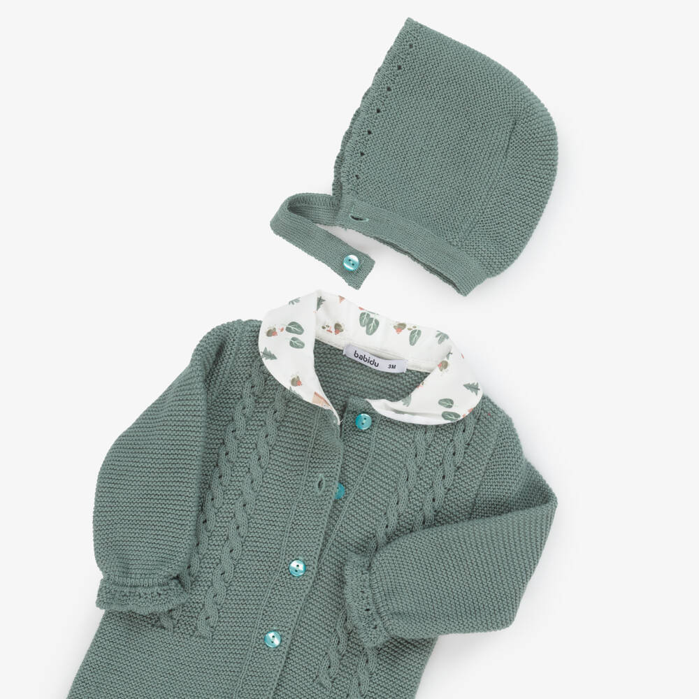 Babidu-Boys Green Knitted Babysuit & Hat Set | Childrensalon