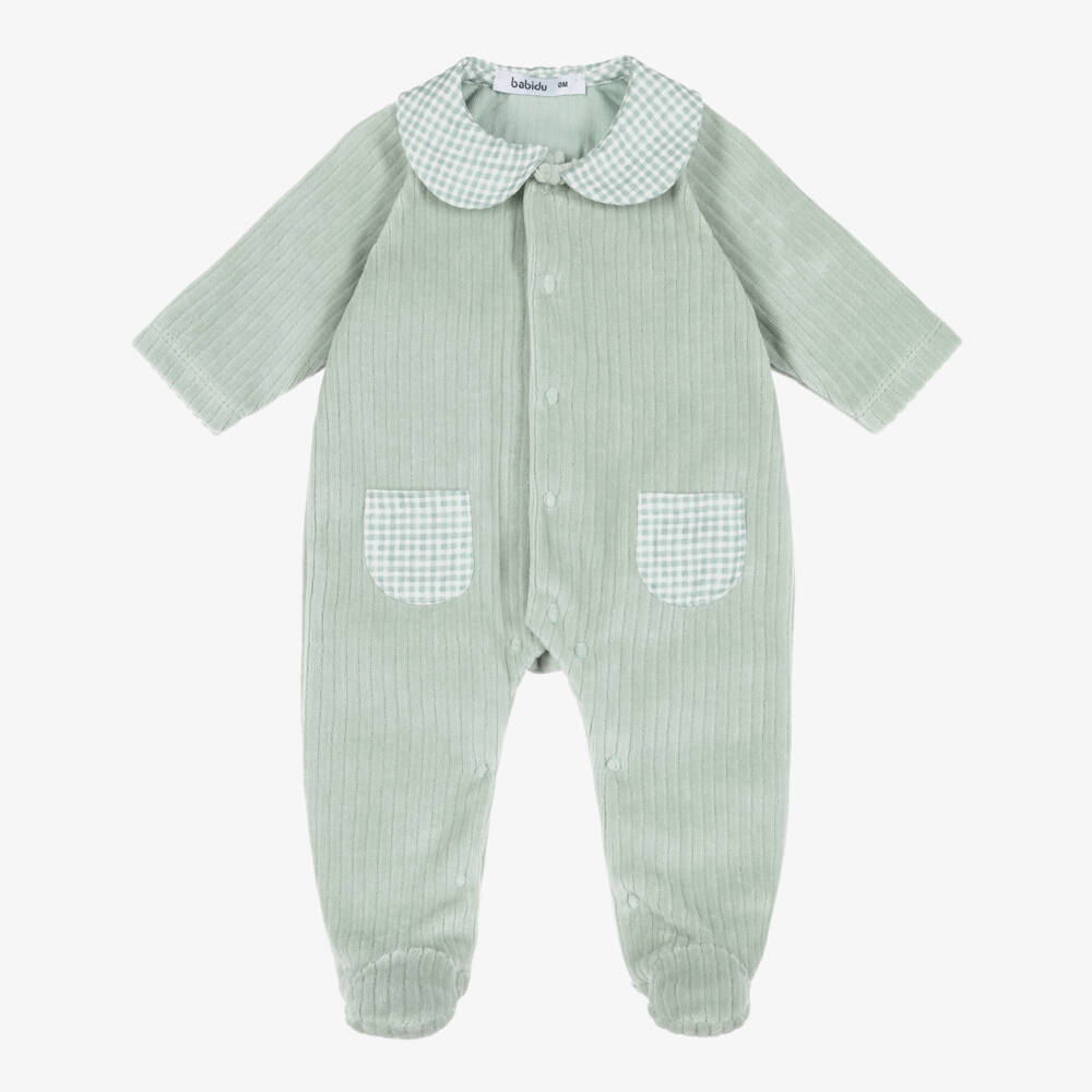 Babidu-Boys Green Velour Babygrow with Gingham Trims | Childrensalon