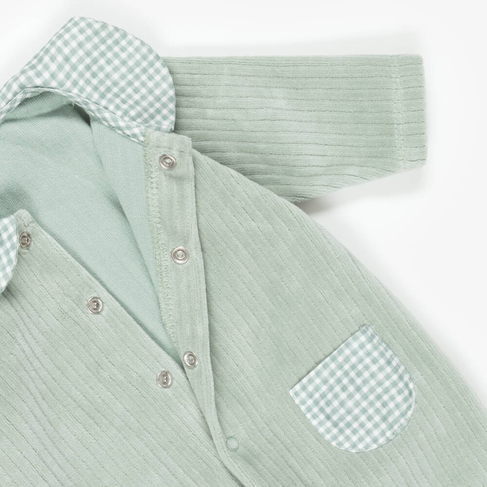 Babidu-Boys Green Velour Babygrow with Gingham Trims | Childrensalon