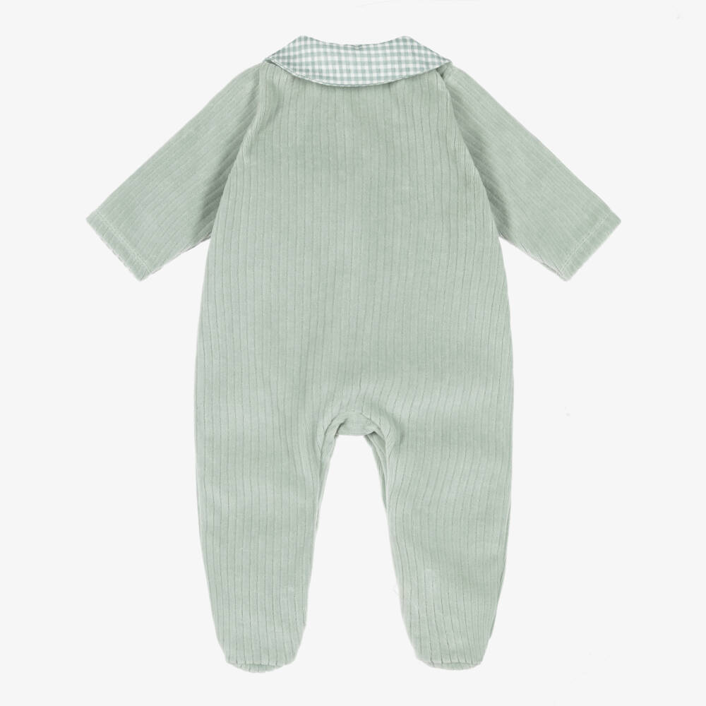Babidu-Boys Green Velour Babygrow with Gingham Trims | Childrensalon