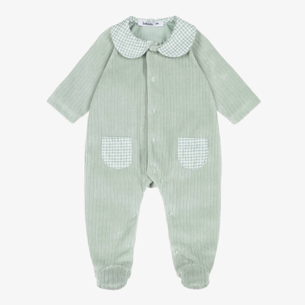 Babidu-Boys Green Velour Babygrow with Gingham Trims | Childrensalon