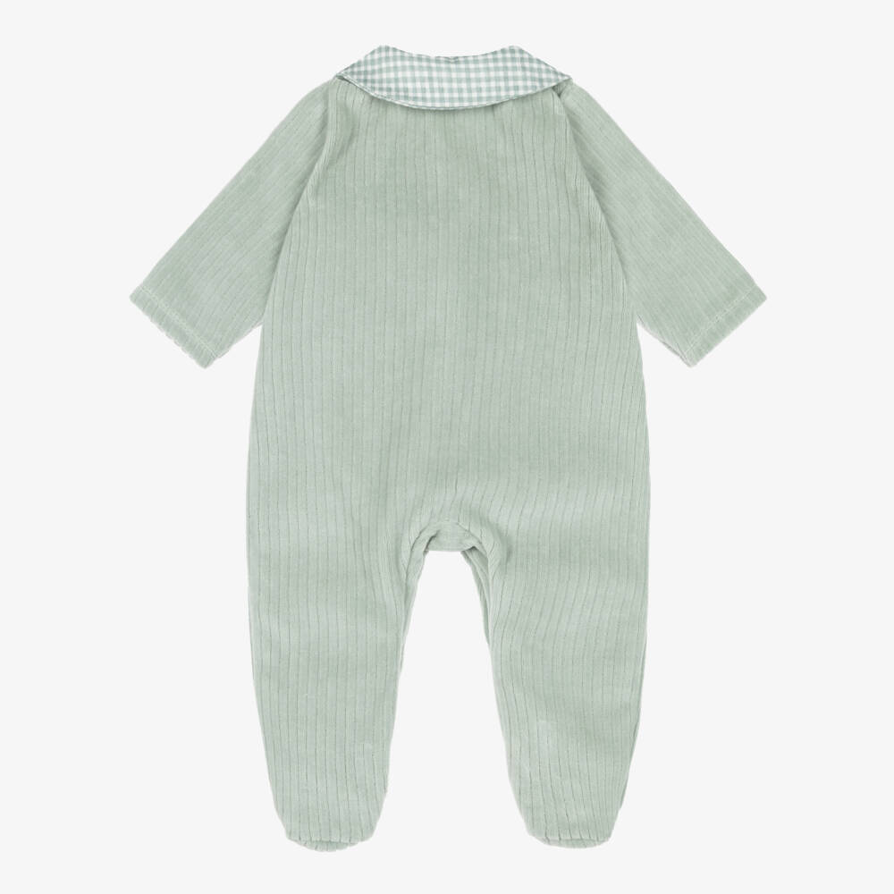 Babidu-Boys Green Velour Babygrow with Gingham Trims | Childrensalon