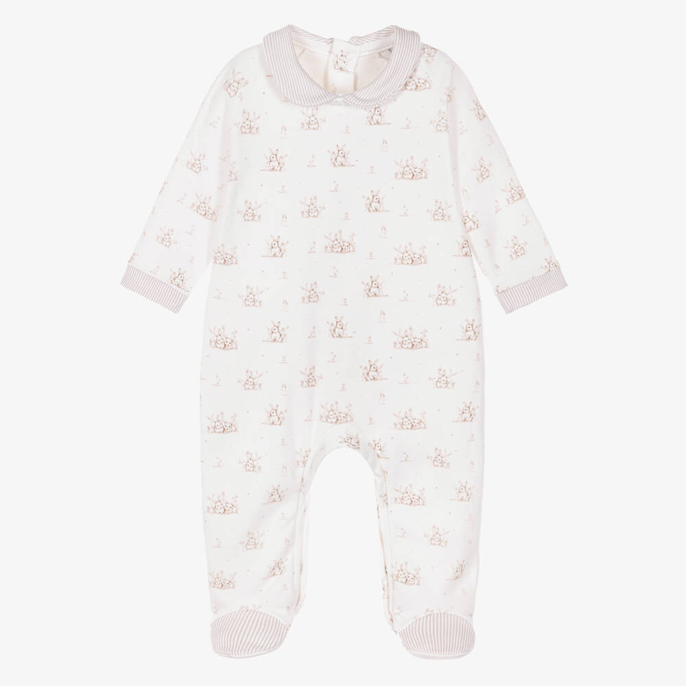 Babidu-Boys Ivory & Beige Bunny Print Cotton Babygrow | Childrensalon