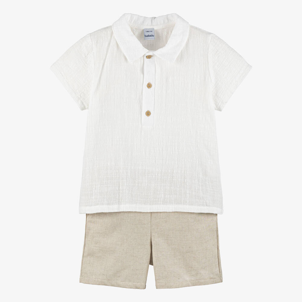 Babidu-طقم شورت وقميص بولو لون عاجي وبيج للأولاد | Childrensalon