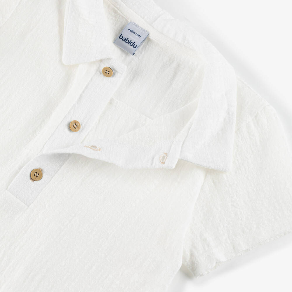 Babidu-Boys Ivory Polo Shirt & Beige Cotton Shorts Set | Childrensalon