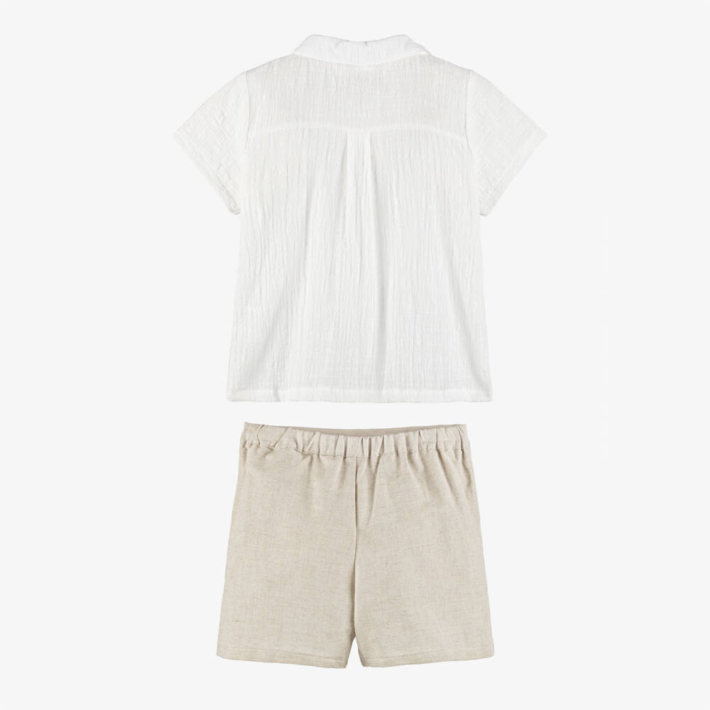 Babidu-Boys Ivory Polo Shirt & Beige Cotton Shorts Set | Childrensalon