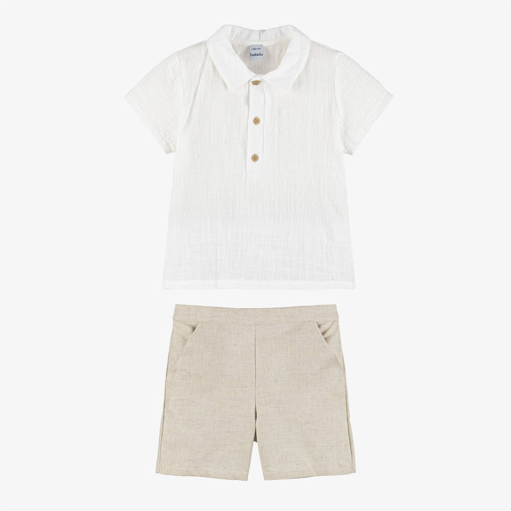 Babidu-Boys Ivory Polo Shirt & Beige Cotton Shorts Set | Childrensalon