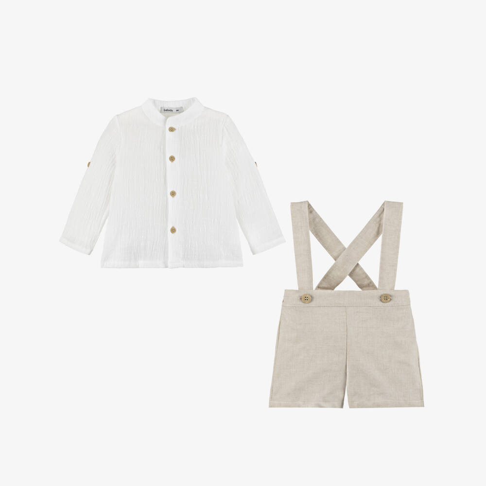 Babidu-Boys Ivory Shirt & Beige Cotton Dungaree Shorts Set | Childrensalon