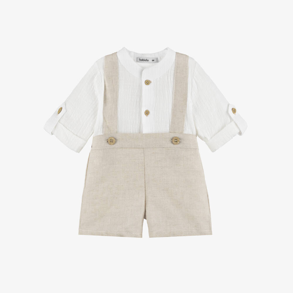 Babidu-Boys Ivory Shirt & Beige Cotton Dungaree Shorts Set | Childrensalon