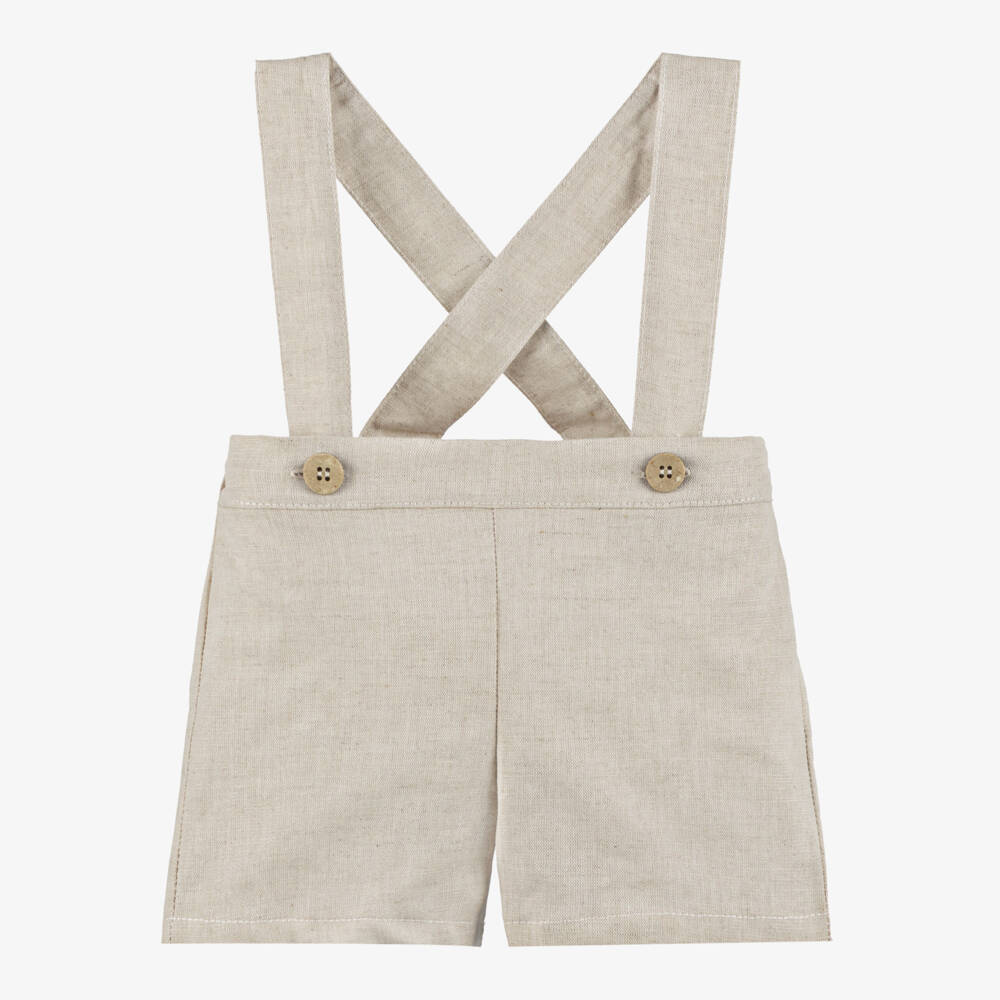 Babidu-Boys Ivory Shirt & Beige Cotton Dungaree Shorts Set | Childrensalon