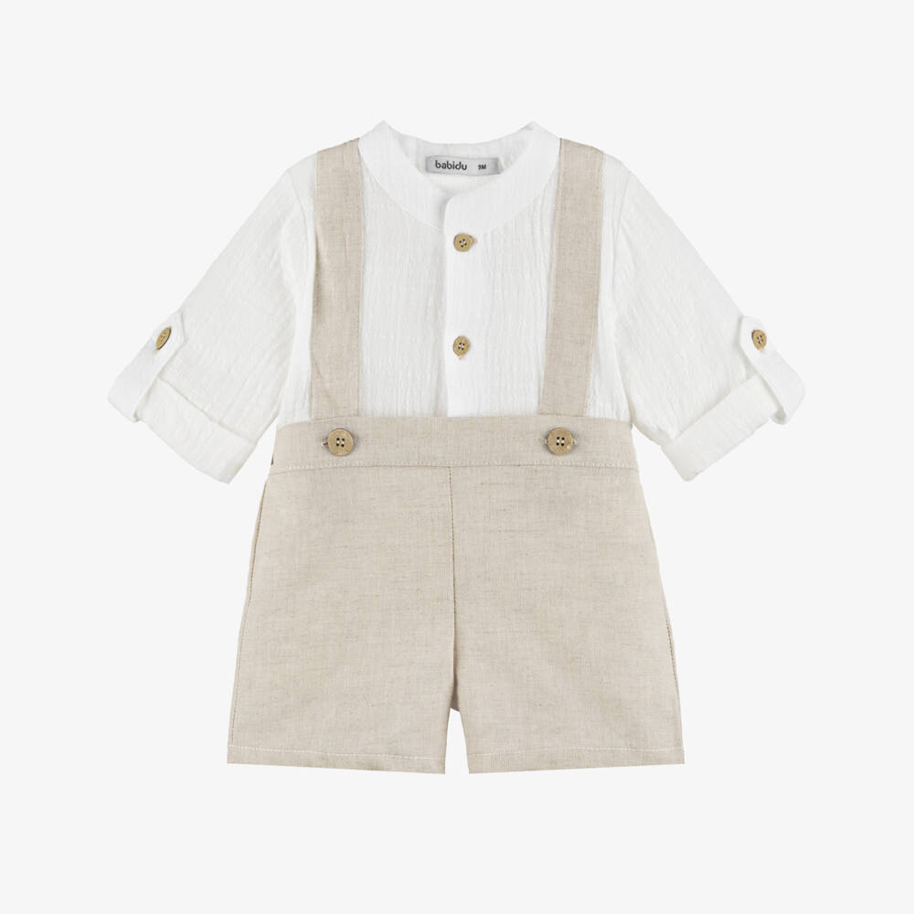 Babidu-Boys Ivory Shirt & Beige Cotton Dungaree Shorts Set | Childrensalon