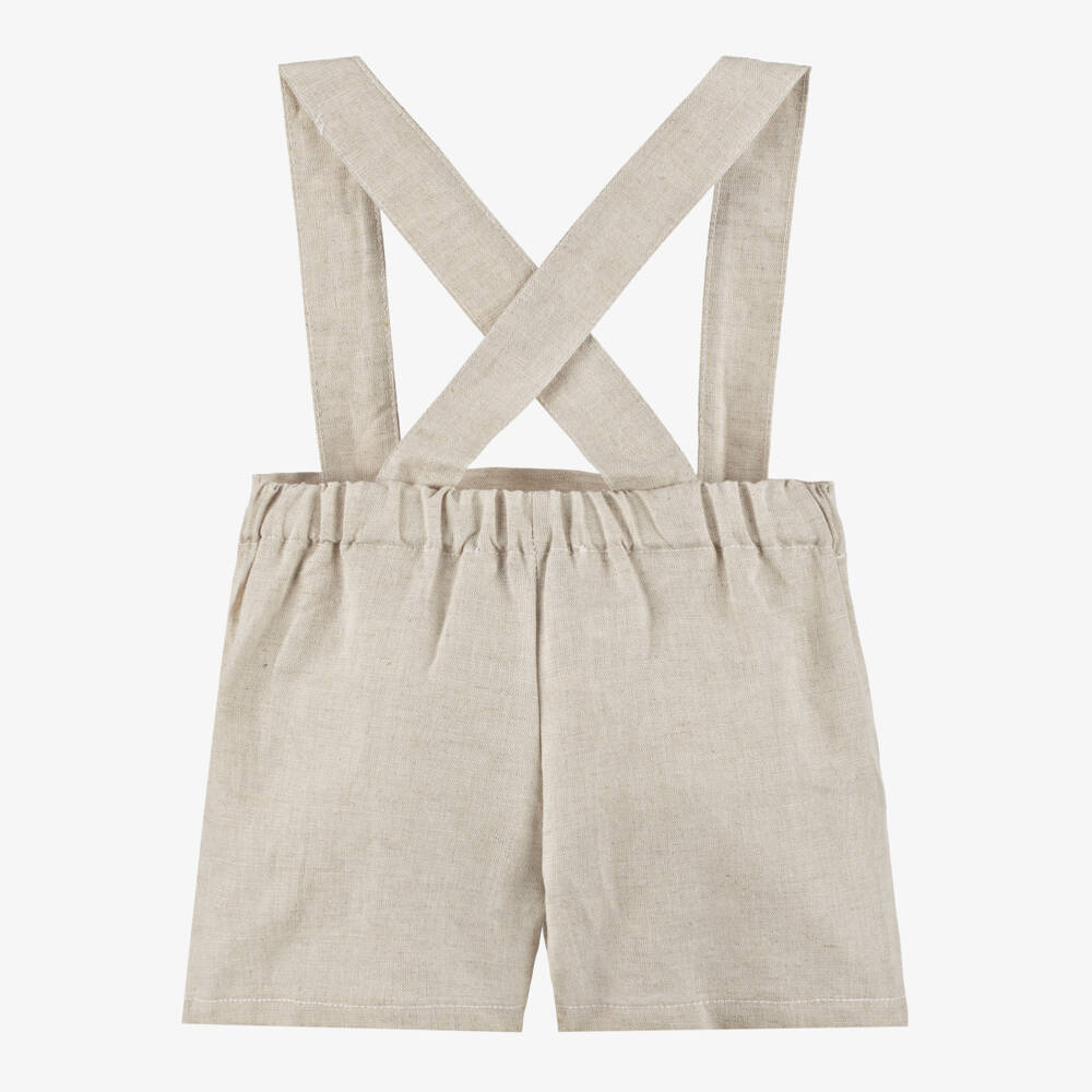Babidu-Boys Ivory Shirt & Beige Cotton Dungaree Shorts Set | Childrensalon