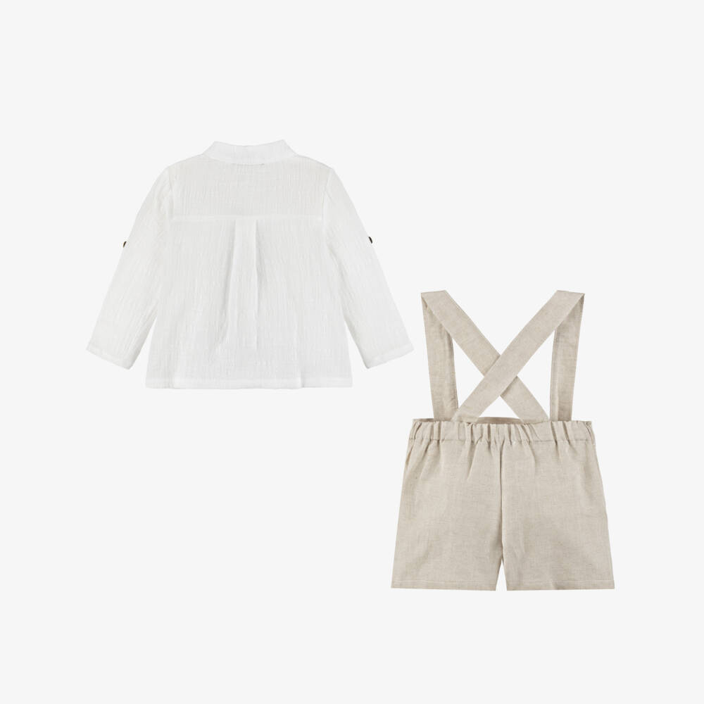 Babidu-Boys Ivory Shirt & Beige Cotton Dungaree Shorts Set | Childrensalon