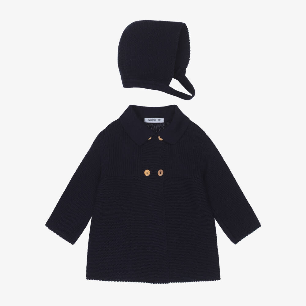 Babidu-Boys Navy Blue Knitted Coat & Hat Set | Childrensalon