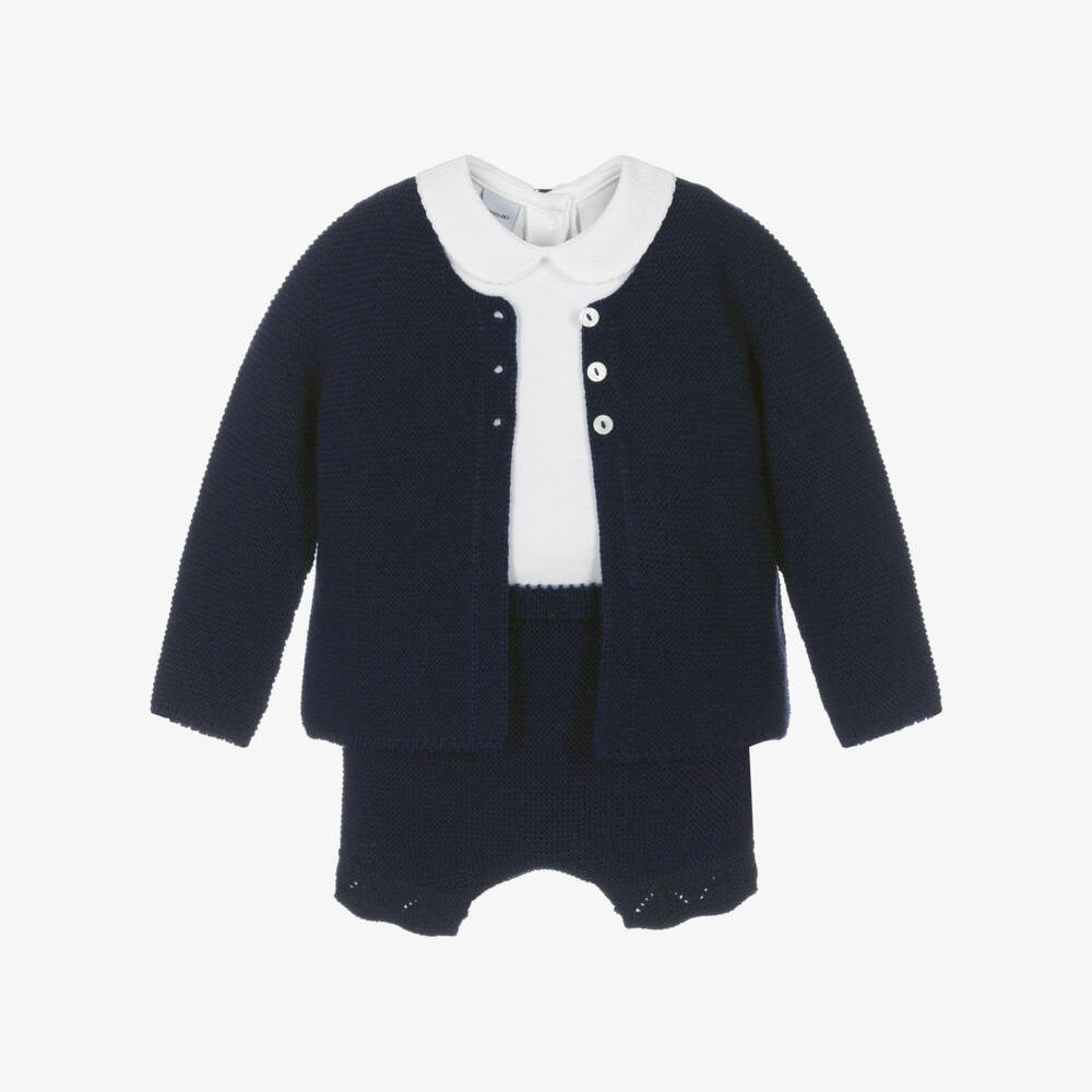 Babidu-Boys Navy Blue Knitted Shorts Set | Childrensalon