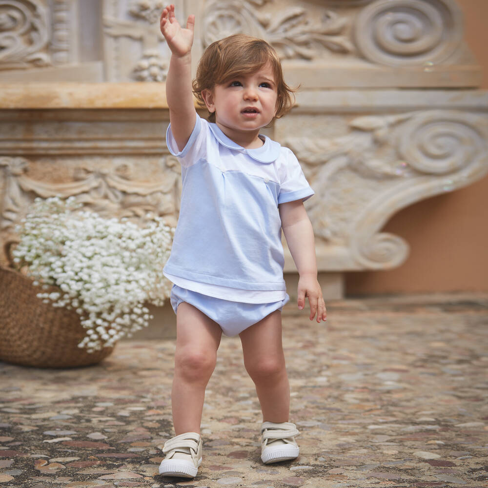 Babidu-Boys Pale Blue Cotton Jersey Shorts Set | Childrensalon