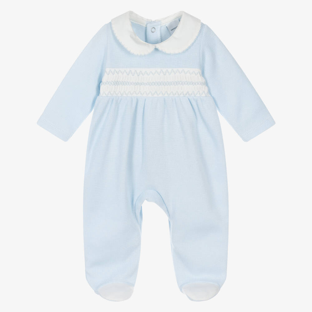 Babidu-Boys Pale Blue Cotton Knit Smocked Babygrow | Childrensalon