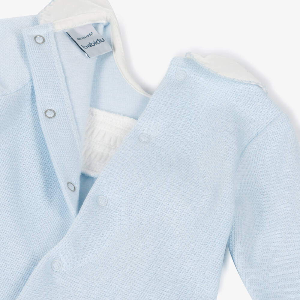 Babidu-Boys Pale Blue Cotton Knit Smocked Babygrow | Childrensalon