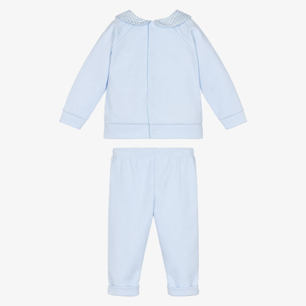 Babidu-Boys Pale Blue Cotton Trouser Set with Gingham Collar | Childrensalon