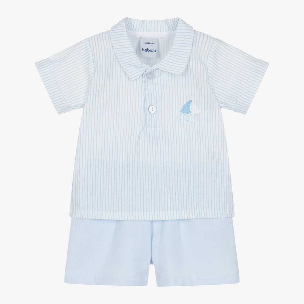 Babidu-Boys Pale Blue Stripe Cotton Shorts Set | Childrensalon