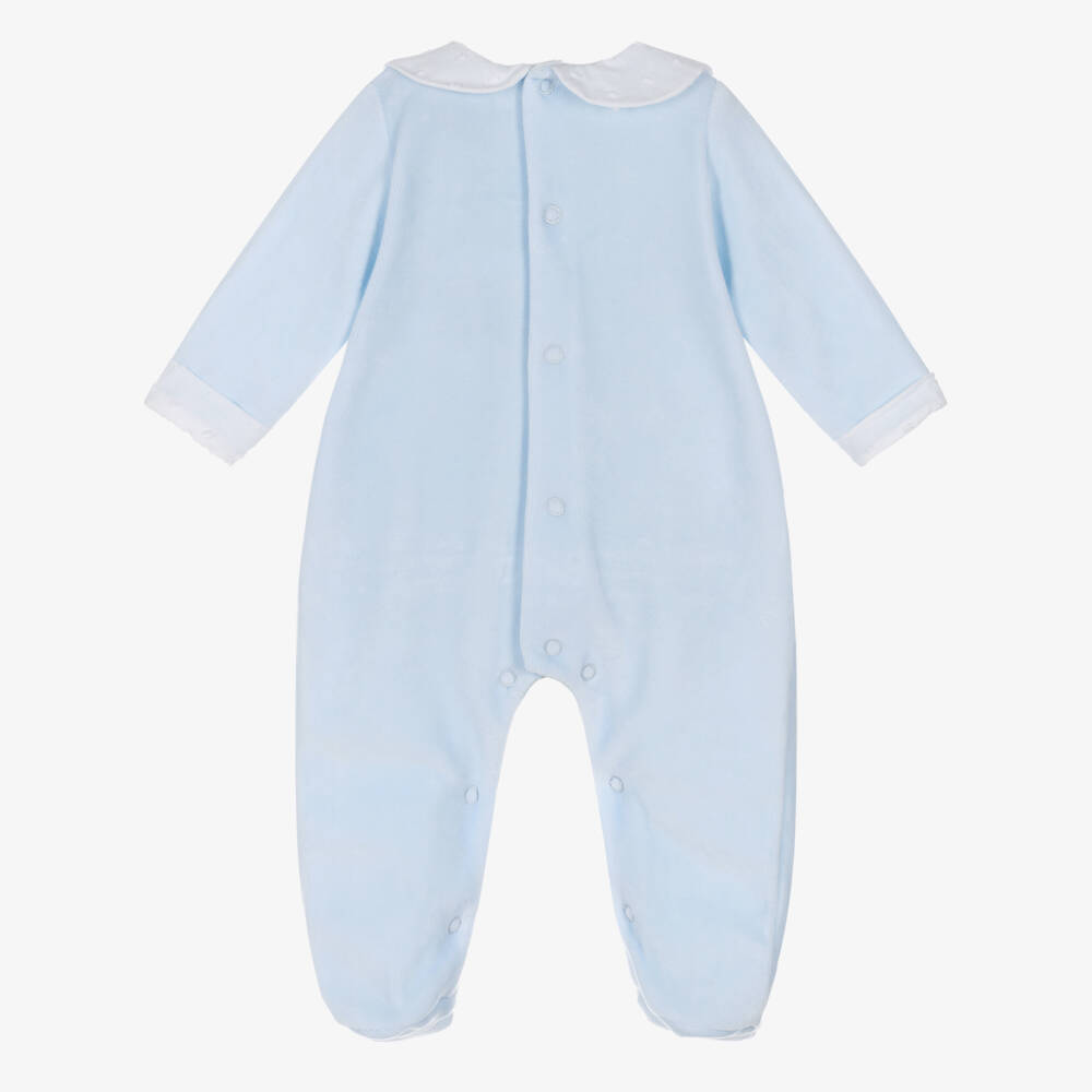 Babidu-Boys Pale Blue Velour Babygrow with Teddy Bear Pockets | Childrensalon