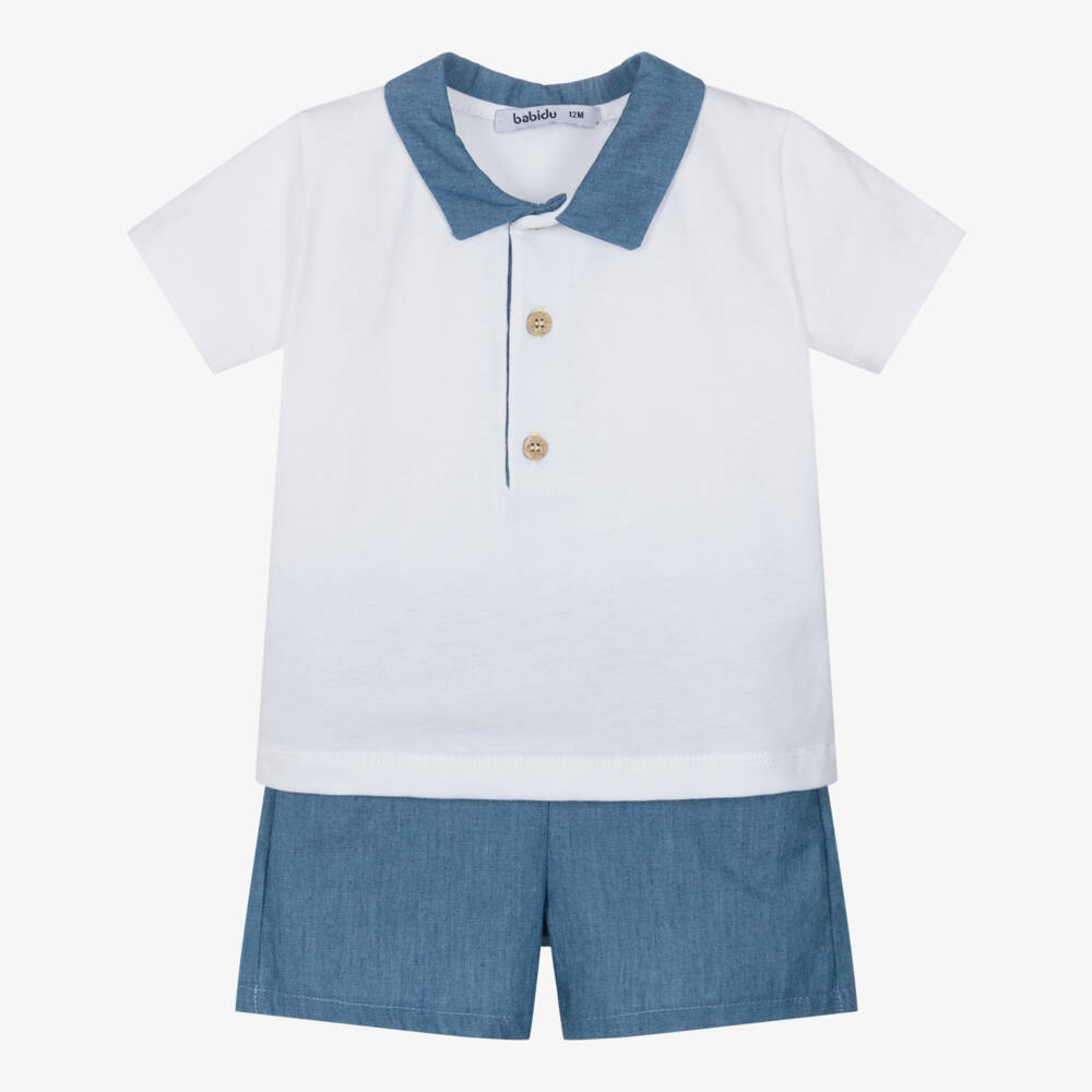 Babidu-Boys White & Blue Chambray Shorts Set | Childrensalon