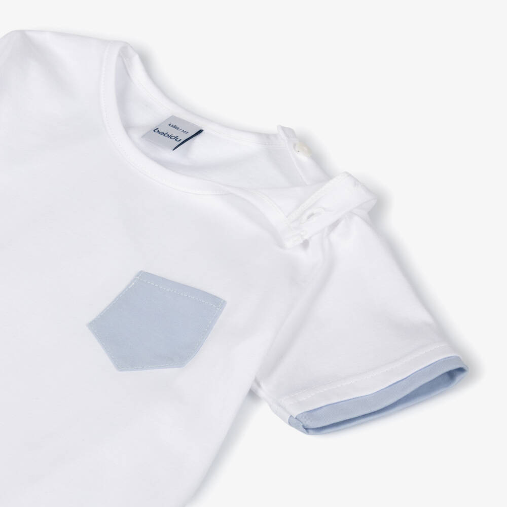 Babidu-Boys White & Blue Cotton Jersey Shorts Set | Childrensalon