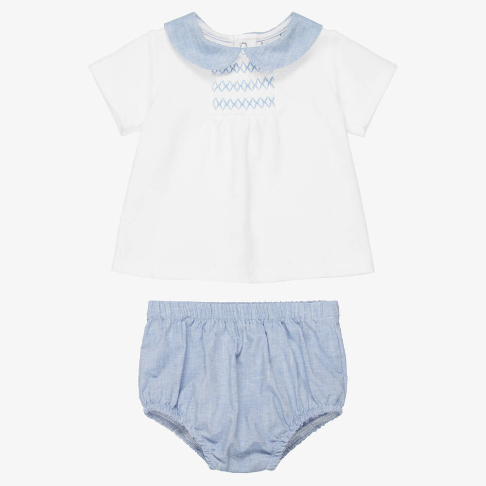 Babidu-Boys White & Blue Cotton Shorts Set with Smocking Detail | Childrensalon