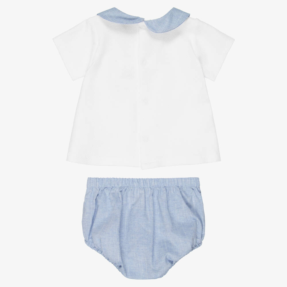 Babidu-Boys White & Blue Cotton Shorts Set with Smocking Detail | Childrensalon