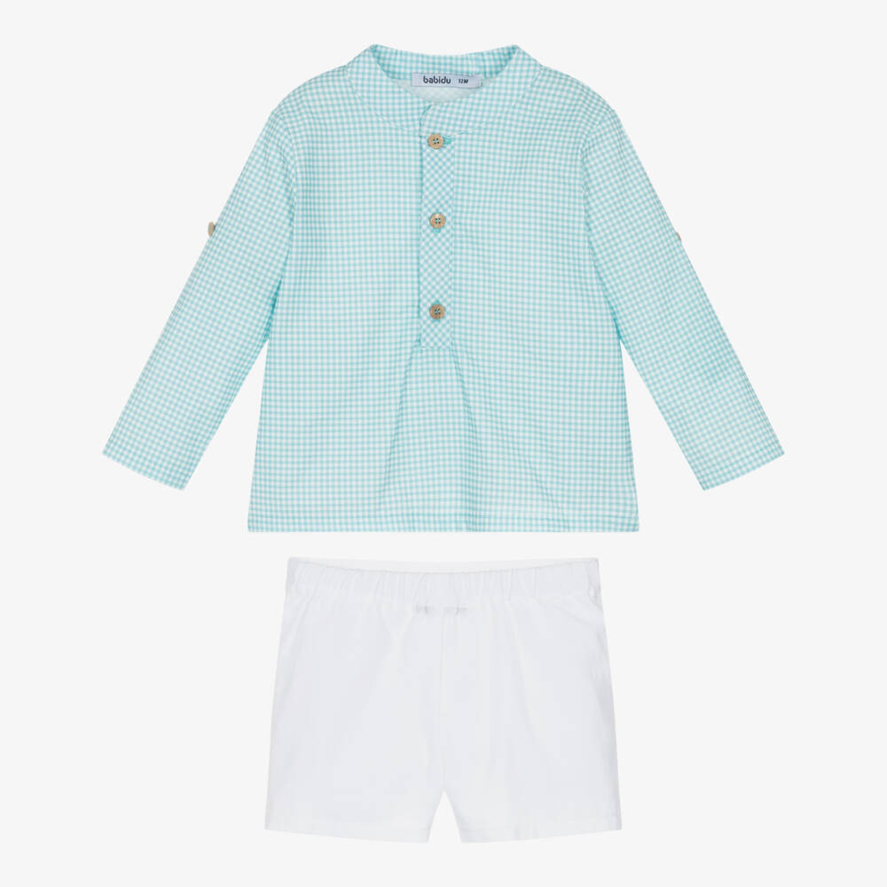 Babidu-Boys White & Blue Gingham Check Cotton Shorts Set | Childrensalon