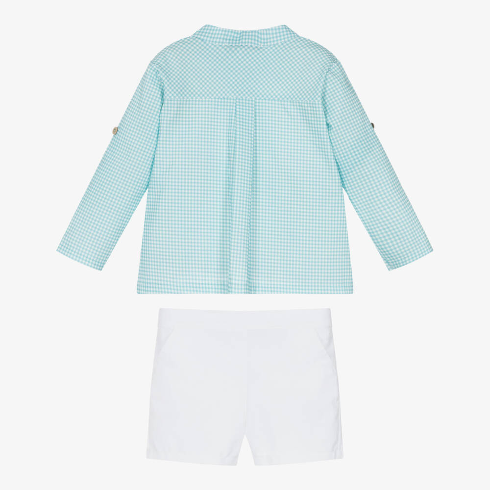 Babidu-Boys White & Blue Gingham Check Cotton Shorts Set | Childrensalon