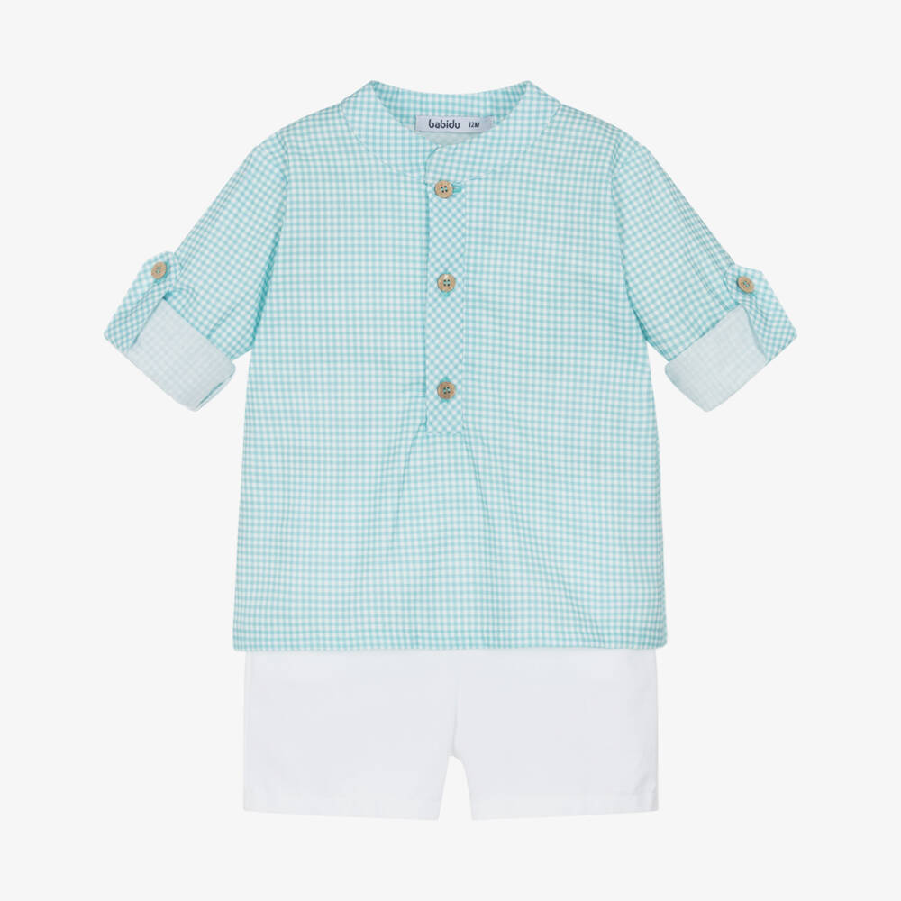 Babidu-Boys White & Blue Gingham Check Cotton Shorts Set | Childrensalon