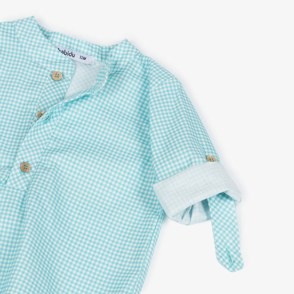 Babidu-Boys White & Blue Gingham Check Cotton Shorts Set | Childrensalon