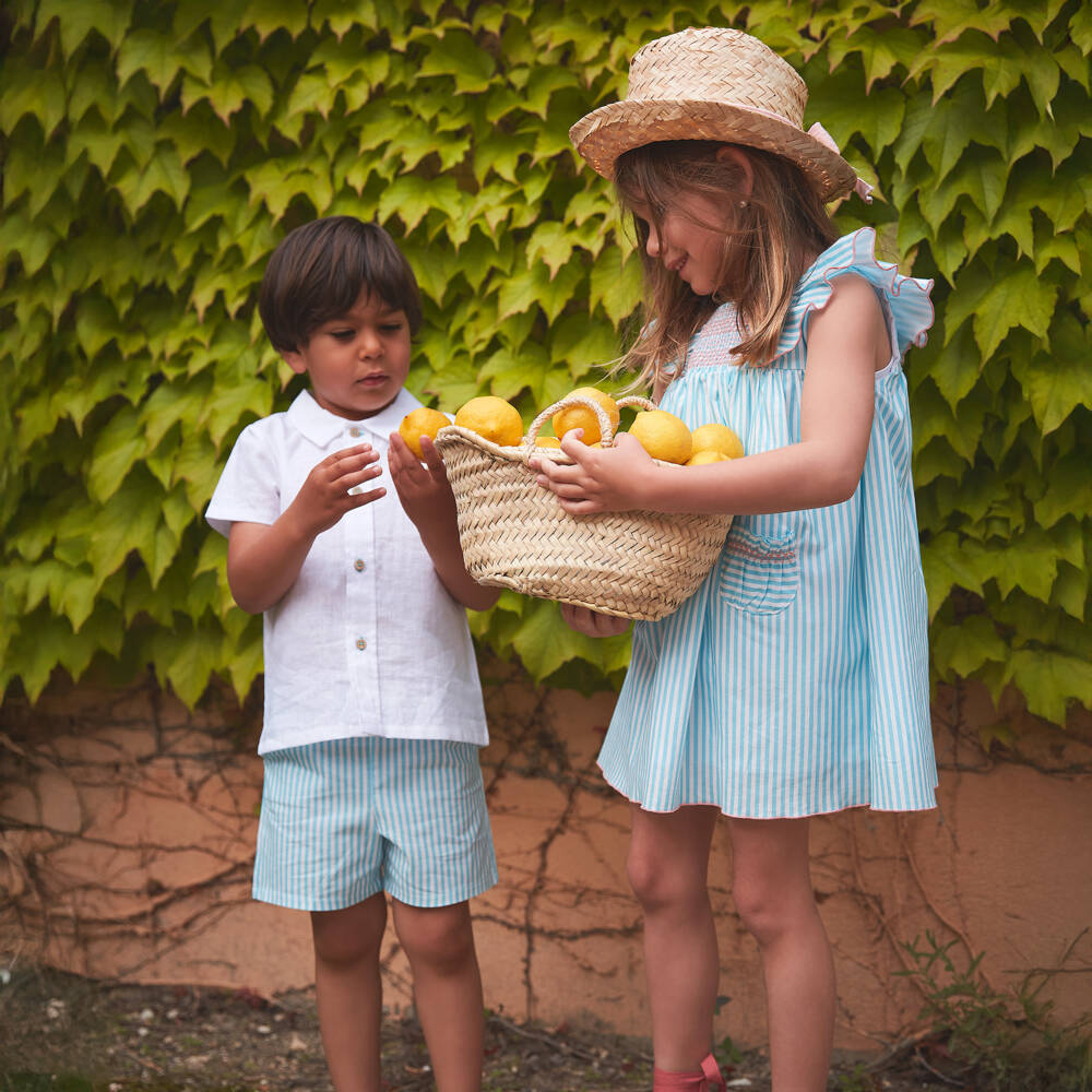 Babidu-Boys White & Blue Stripe Cotton Shorts Set | Childrensalon