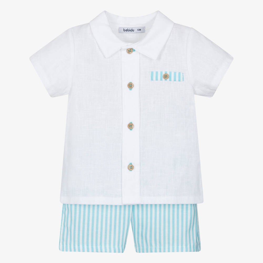 Babidu-Boys White & Blue Stripe Cotton Shorts Set | Childrensalon