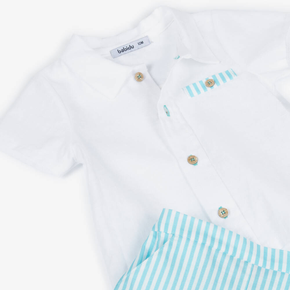 Babidu-Boys White & Blue Stripe Cotton Shorts Set | Childrensalon
