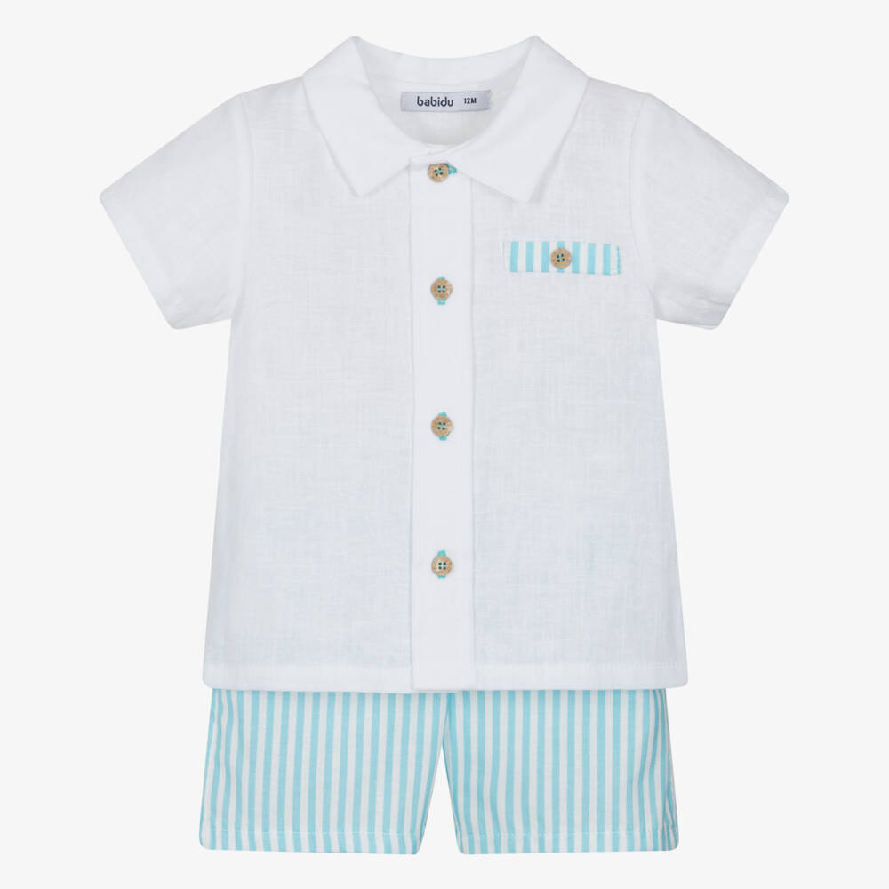 Babidu-Boys White & Blue Stripe Cotton Shorts Set | Childrensalon