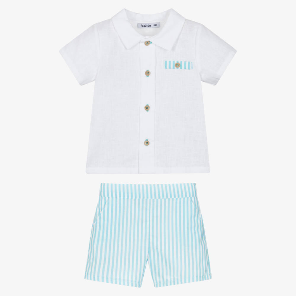 Babidu-طقم شورت قطن مقلم لون أبيض وأزرق للأولاد | Childrensalon