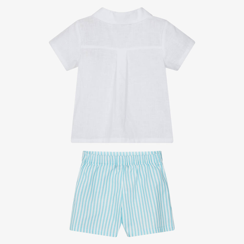 Babidu-Boys White & Blue Stripe Cotton Shorts Set | Childrensalon