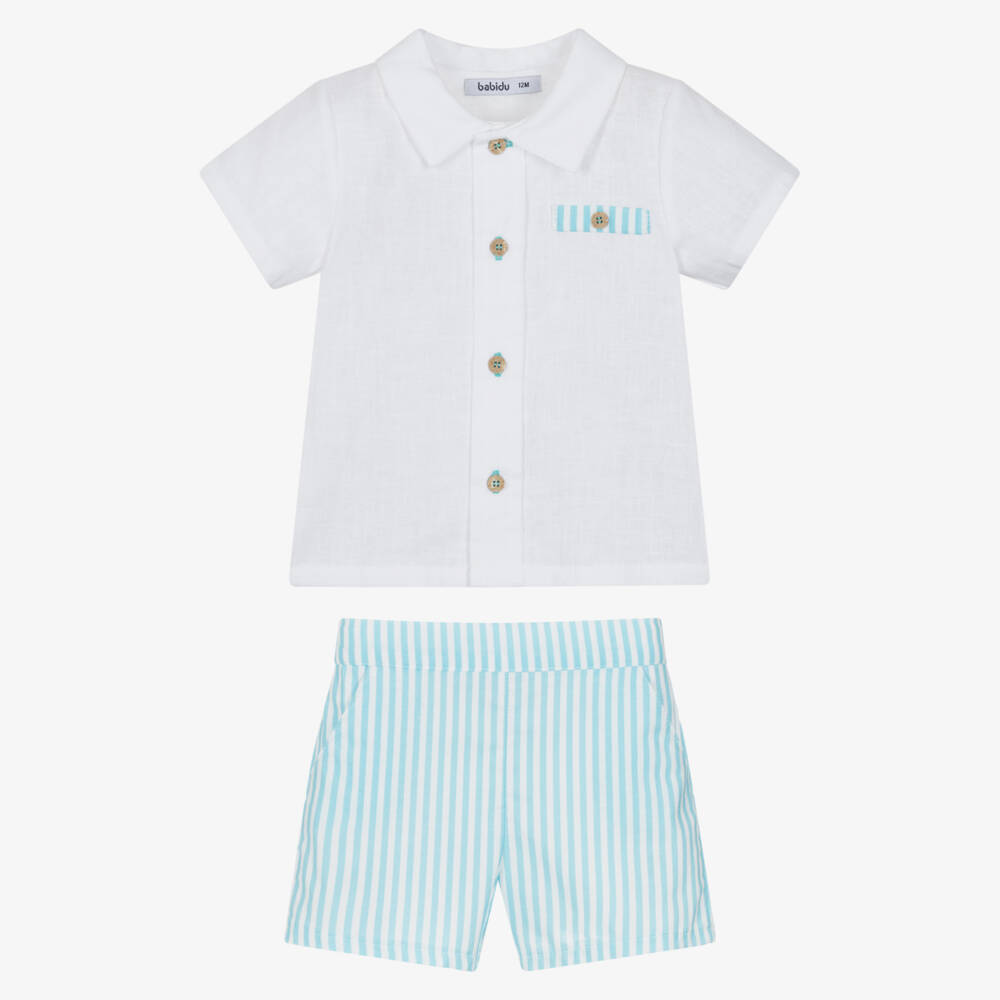 Babidu-Boys White & Blue Stripe Cotton Shorts Set | Childrensalon
