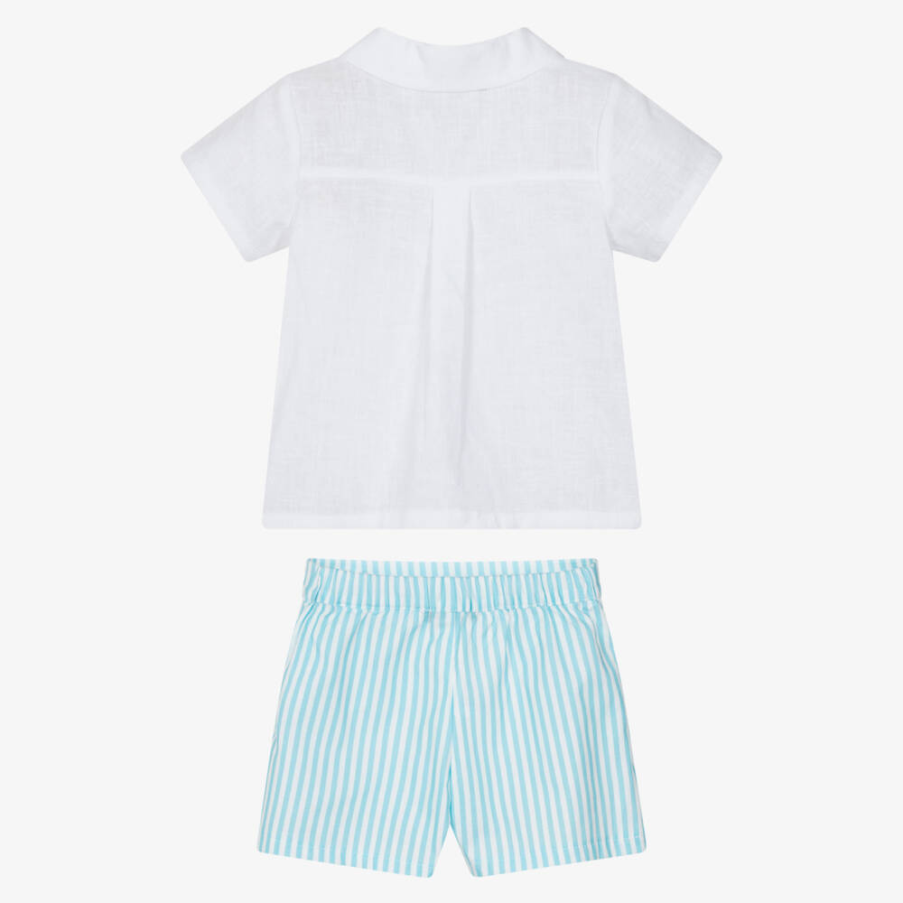Babidu-طقم شورت قطن مقلم لون أبيض وأزرق للأولاد | Childrensalon